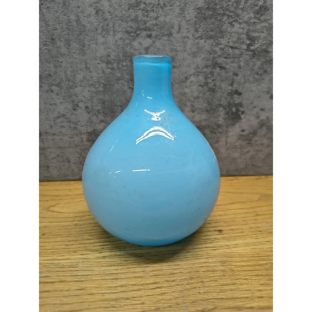 Hand-Blown Crate & Barrel Opal Blue Cased Glass Short Neck Vase Made In Poland